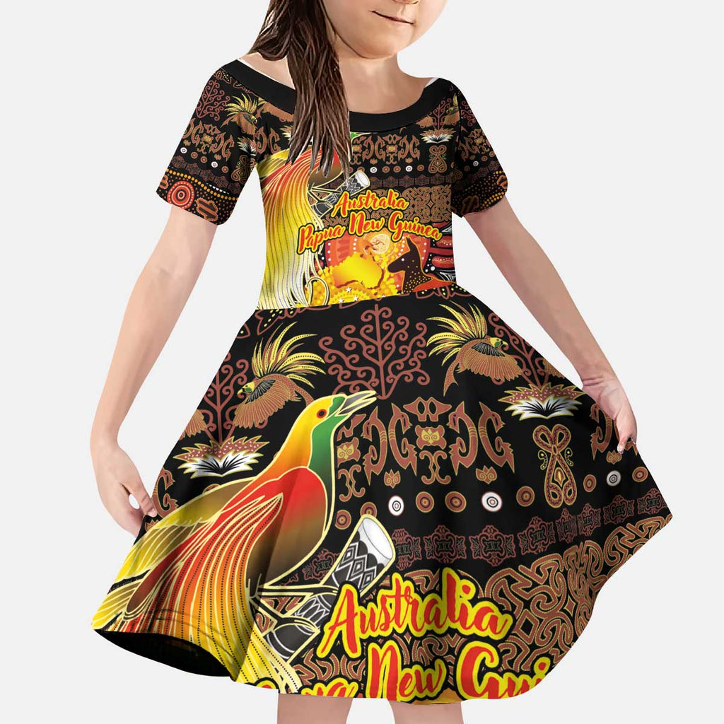 Personalized Australia and Papua New Guinea Together Kid Short Sleeve Dress Kangaroo Aboriginal Art and Bird-of-paradise Oro Tribal Motifs - Aussie Hoodie