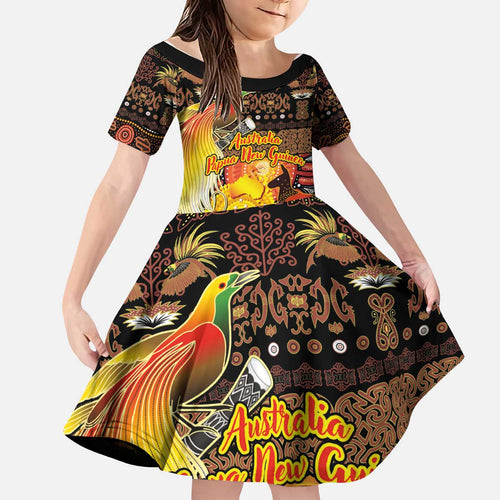 Personalized Australia and Papua New Guinea Together Kid Short Sleeve Dress Kangaroo Aboriginal Art and Bird-of-paradise Oro Tribal Motifs - Aussie Hoodie