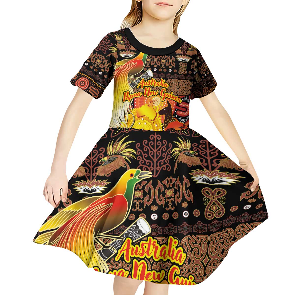 Personalized Australia and Papua New Guinea Together Kid Short Sleeve Dress Kangaroo Aboriginal Art and Bird-of-paradise Oro Tribal Motifs - Aussie Hoodie