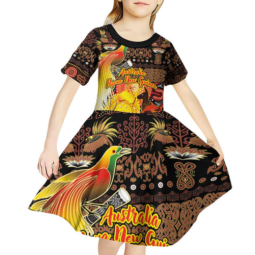 Personalized Australia and Papua New Guinea Together Kid Short Sleeve Dress Kangaroo Aboriginal Art and Bird-of-paradise Oro Tribal Motifs - Aussie Hoodie