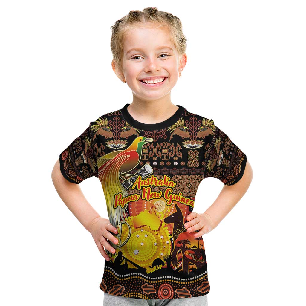 Personalized Australia and Papua New Guinea Together Kid T Shirt Kangaroo Aboriginal Art and Bird-of-paradise Oro Tribal Motifs - Aussie Hoodie