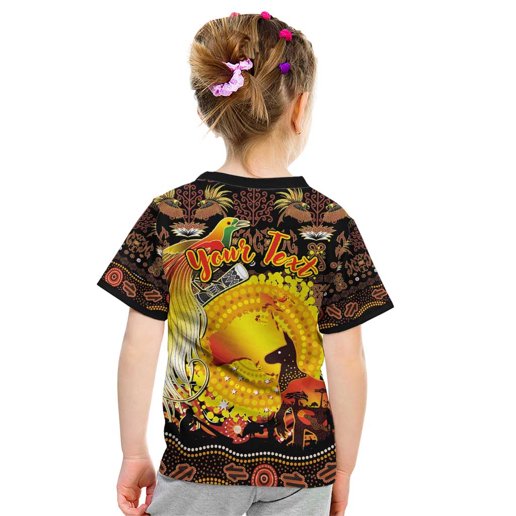 Personalized Australia and Papua New Guinea Together Kid T Shirt Kangaroo Aboriginal Art and Bird-of-paradise Oro Tribal Motifs - Aussie Hoodie
