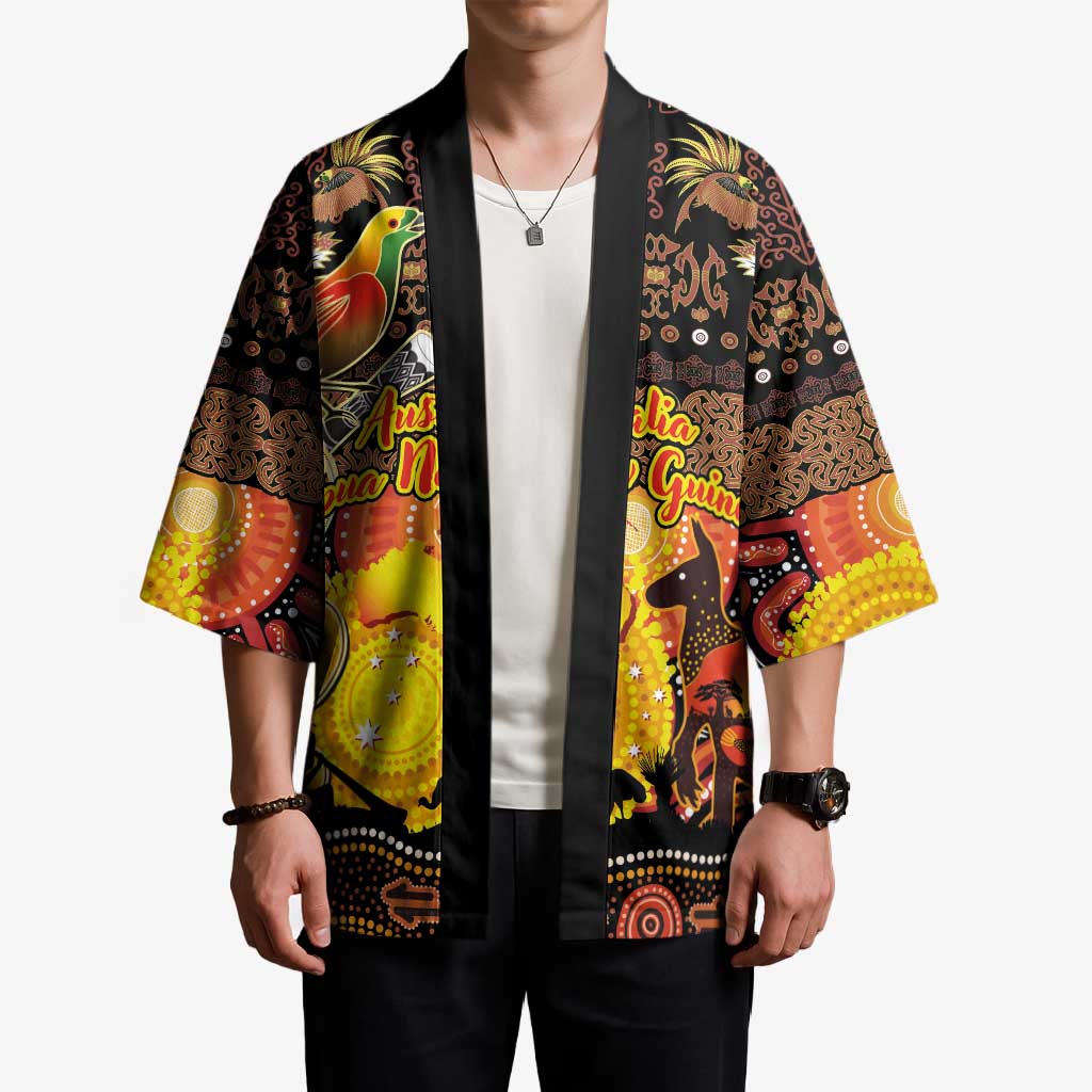 Personalized Australia and Papua New Guinea Together Kimono Kangaroo Aboriginal Art and Bird-of-paradise Oro Tribal Motifs - Aussie Hoodie