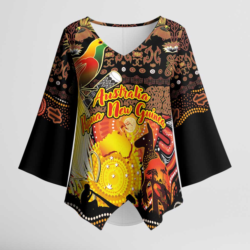Personalized Australia and Papua New Guinea Together Kimono Sleeve Blouse Kangaroo Aboriginal Art and Bird-of-paradise Oro Tribal Motifs - Aussie Hoodie