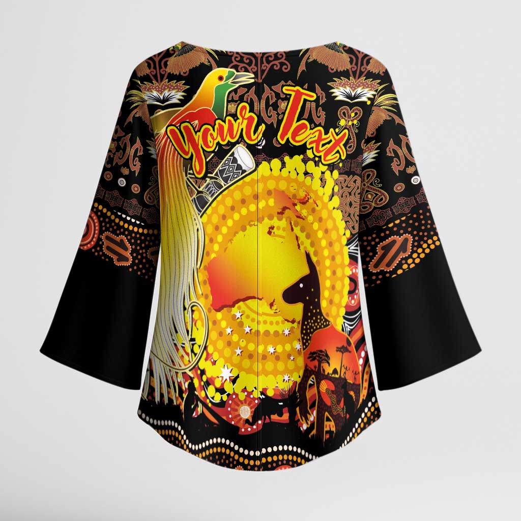 Personalized Australia and Papua New Guinea Together Kimono Sleeve Blouse Kangaroo Aboriginal Art and Bird-of-paradise Oro Tribal Motifs - Aussie Hoodie