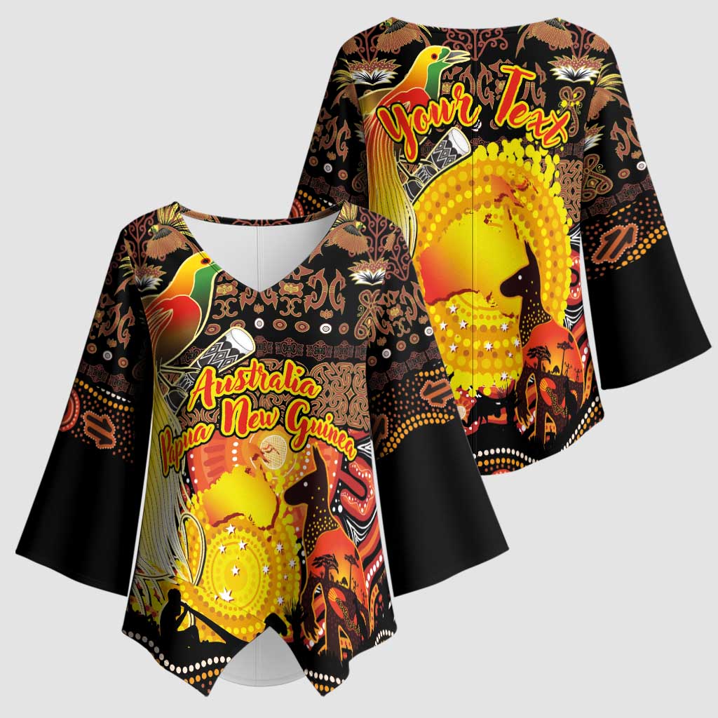 Personalized Australia and Papua New Guinea Together Kimono Sleeve Blouse Kangaroo Aboriginal Art and Bird-of-paradise Oro Tribal Motifs - Aussie Hoodie