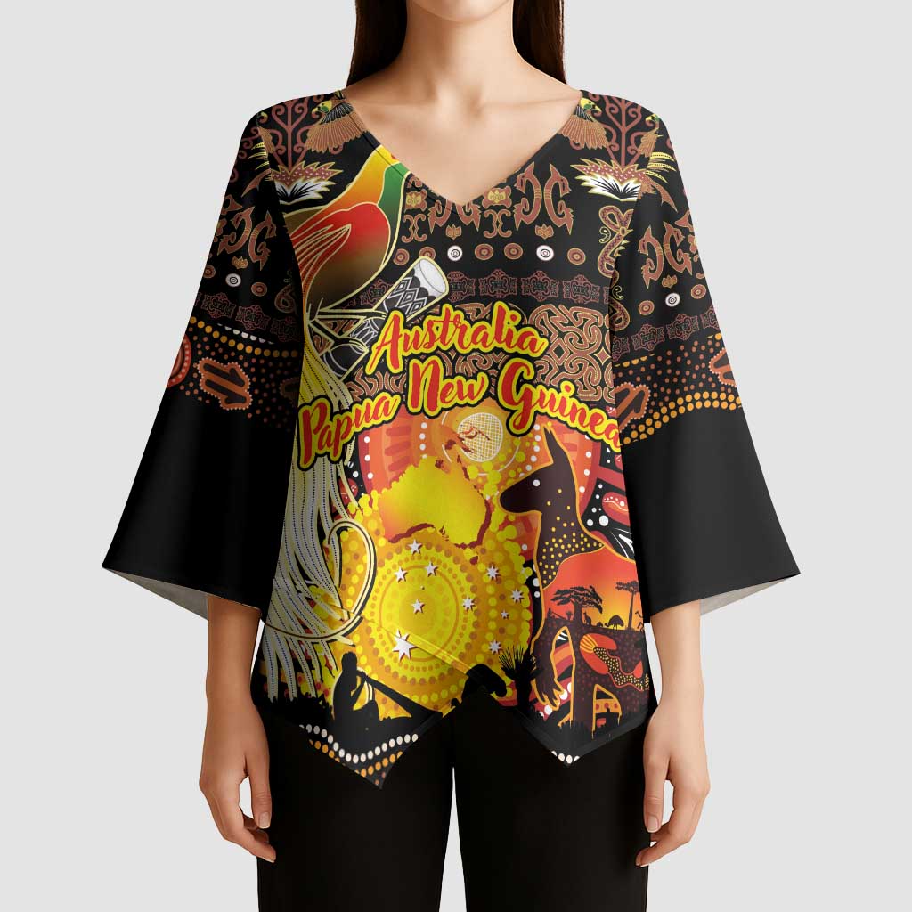 Personalized Australia and Papua New Guinea Together Kimono Sleeve Blouse Kangaroo Aboriginal Art and Bird-of-paradise Oro Tribal Motifs - Aussie Hoodie