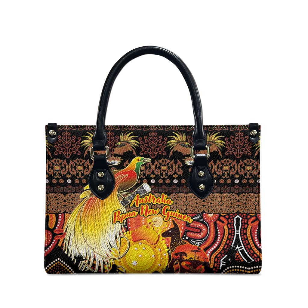 Australia and Papua New Guinea Together Leather Bag Kangaroo Aboriginal Art and Bird-of-paradise Oro Tribal Motifs - Aussie Hoodie