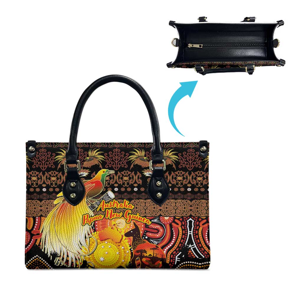 Australia and Papua New Guinea Together Leather Bag Kangaroo Aboriginal Art and Bird-of-paradise Oro Tribal Motifs - Aussie Hoodie