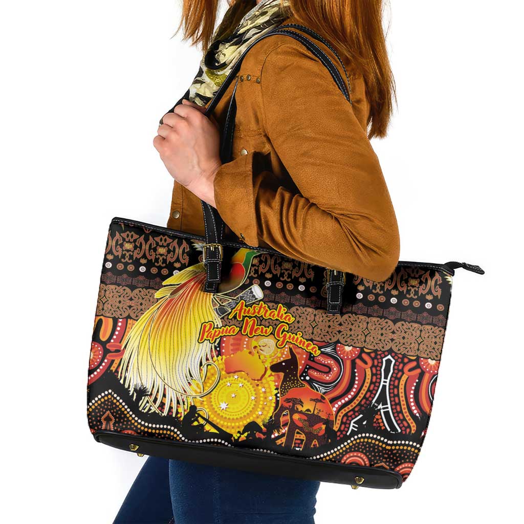 Australia and Papua New Guinea Together Leather Tote Bag Kangaroo Aboriginal Art and Bird-of-paradise Oro Tribal Motifs - Aussie Hoodie