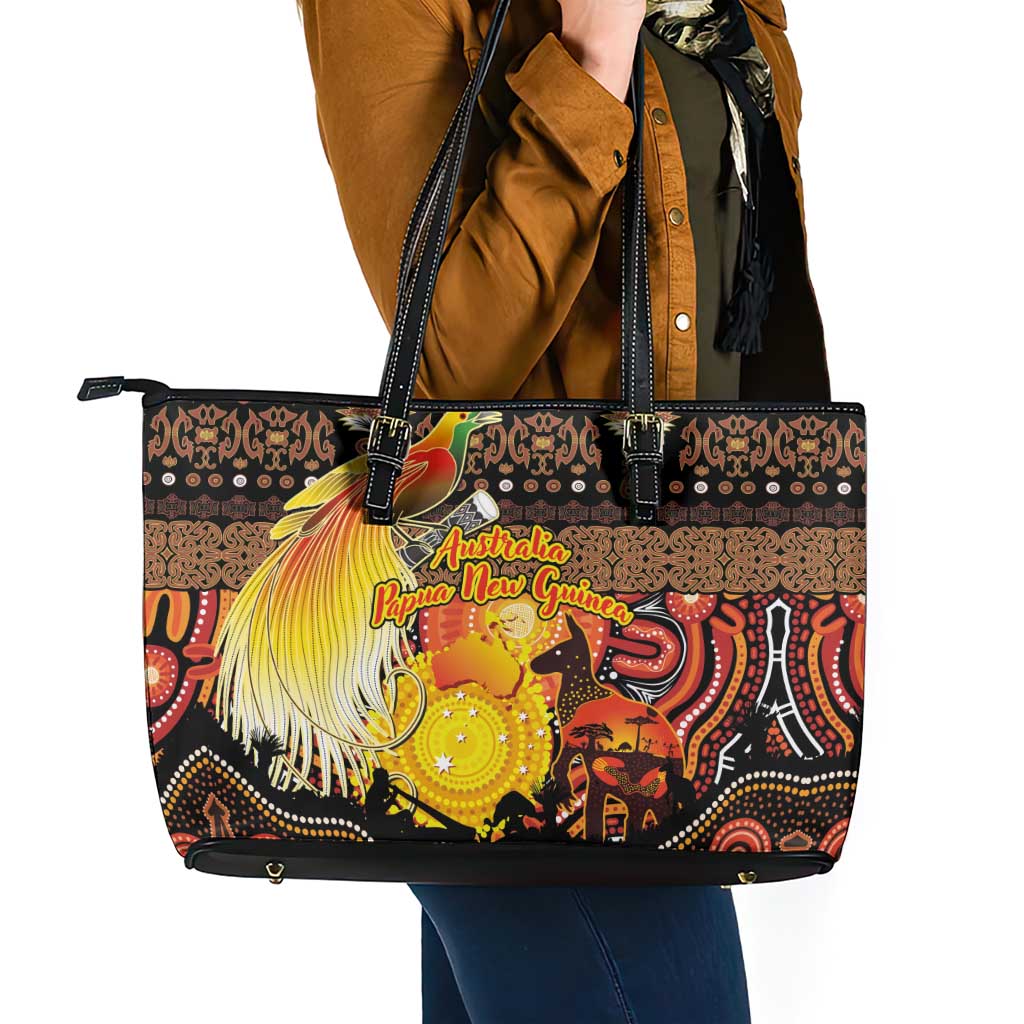 Australia and Papua New Guinea Together Leather Tote Bag Kangaroo Aboriginal Art and Bird-of-paradise Oro Tribal Motifs - Aussie Hoodie