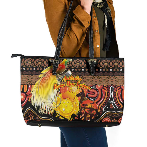 Australia and Papua New Guinea Together Leather Tote Bag Kangaroo Aboriginal Art and Bird-of-paradise Oro Tribal Motifs - Aussie Hoodie