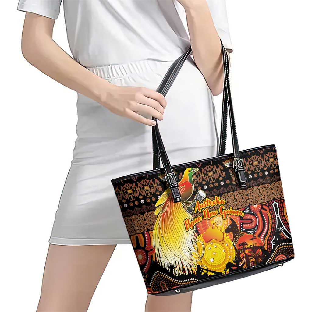 Australia and Papua New Guinea Together Leather Tote Bag Kangaroo Aboriginal Art and Bird-of-paradise Oro Tribal Motifs - Aussie Hoodie