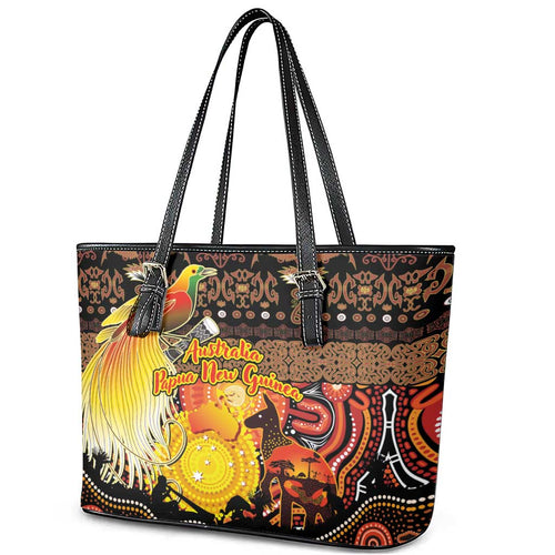 Australia and Papua New Guinea Together Leather Tote Bag Kangaroo Aboriginal Art and Bird-of-paradise Oro Tribal Motifs - Aussie Hoodie