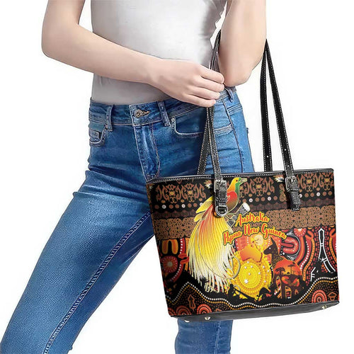 Australia and Papua New Guinea Together Leather Tote Bag Kangaroo Aboriginal Art and Bird-of-paradise Oro Tribal Motifs - Aussie Hoodie