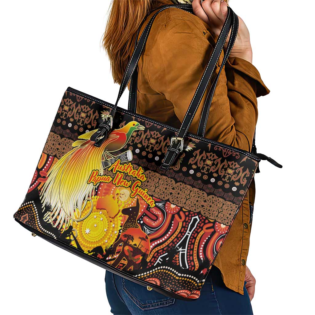 Australia and Papua New Guinea Together Leather Tote Bag Kangaroo Aboriginal Art and Bird-of-paradise Oro Tribal Motifs - Aussie Hoodie