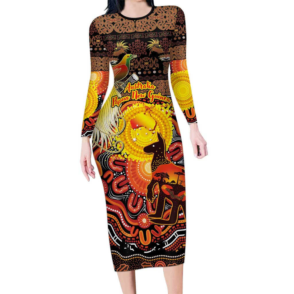 Personalized Australia and Papua New Guinea Together Long Sleeve Bodycon Dress Kangaroo Aboriginal Art and Bird-of-paradise Oro Tribal Motifs - Aussie Hoodie