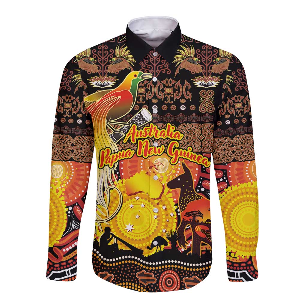 Personalized Australia and Papua New Guinea Together Long Sleeve Button Shirt Kangaroo Aboriginal Art and Bird-of-paradise Oro Tribal Motifs - Aussie Hoodie