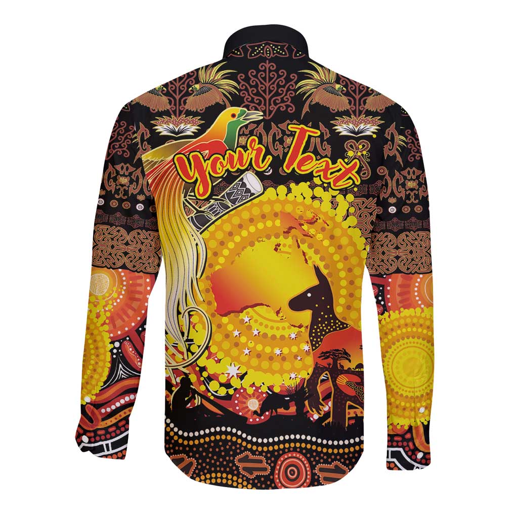 Personalized Australia and Papua New Guinea Together Long Sleeve Button Shirt Kangaroo Aboriginal Art and Bird-of-paradise Oro Tribal Motifs - Aussie Hoodie