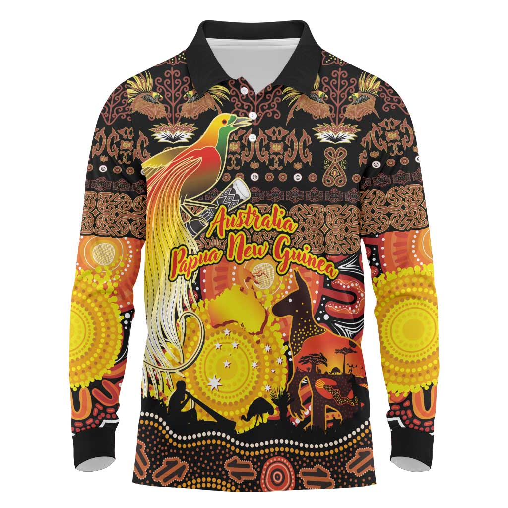 Personalized Australia and Papua New Guinea Together Long Sleeve Polo Shirt Kangaroo Aboriginal Art and Bird-of-paradise Oro Tribal Motifs - Aussie Hoodie