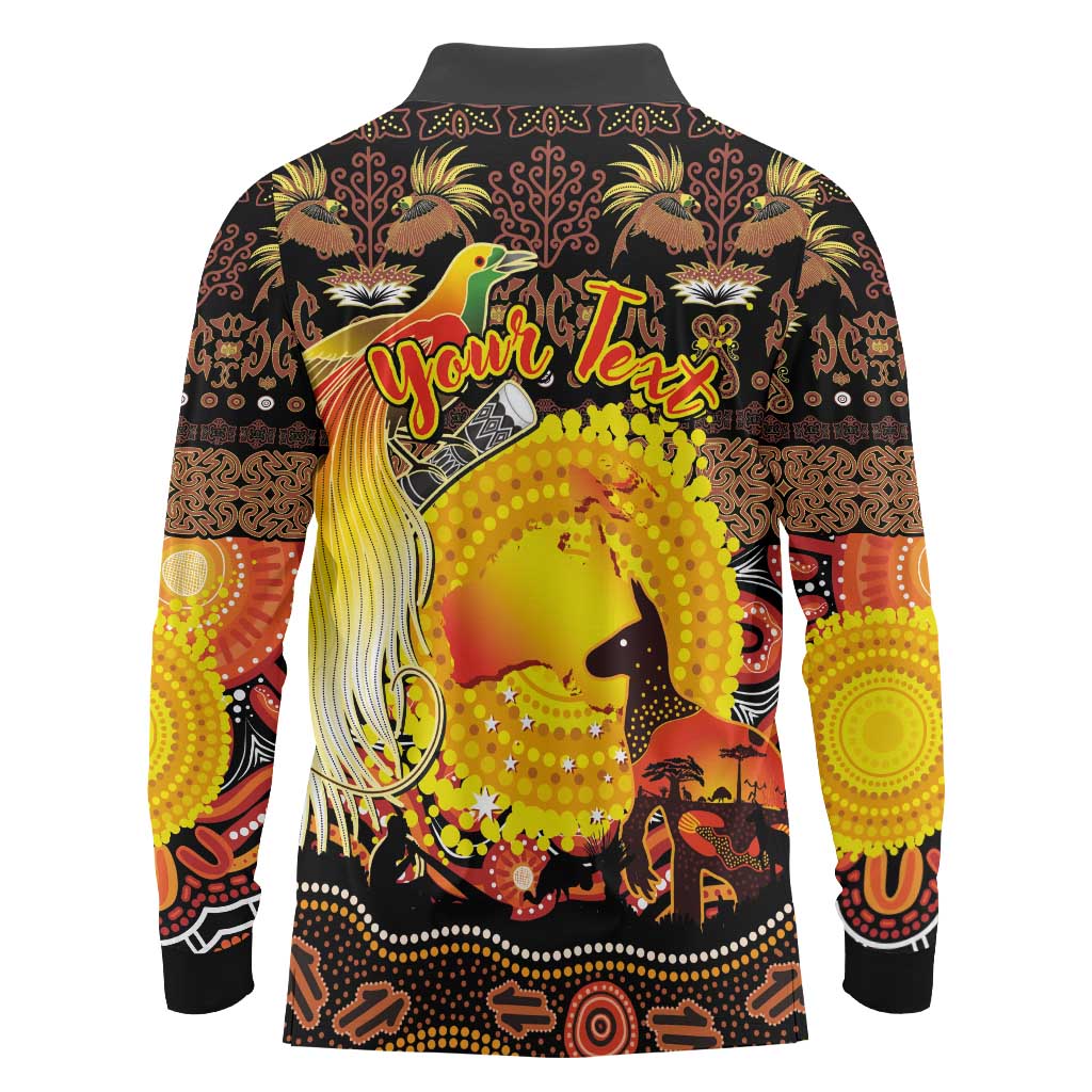 Personalized Australia and Papua New Guinea Together Long Sleeve Polo Shirt Kangaroo Aboriginal Art and Bird-of-paradise Oro Tribal Motifs - Aussie Hoodie