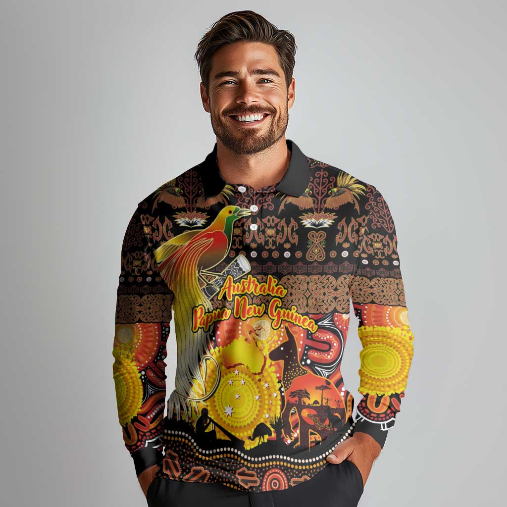 Personalized Australia and Papua New Guinea Together Long Sleeve Polo Shirt Kangaroo Aboriginal Art and Bird-of-paradise Oro Tribal Motifs - Aussie Hoodie
