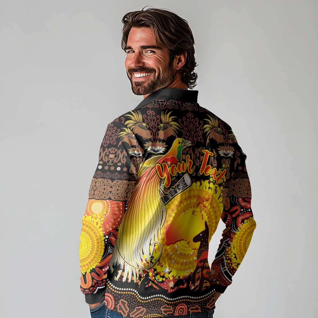 Personalized Australia and Papua New Guinea Together Long Sleeve Polo Shirt Kangaroo Aboriginal Art and Bird-of-paradise Oro Tribal Motifs - Aussie Hoodie