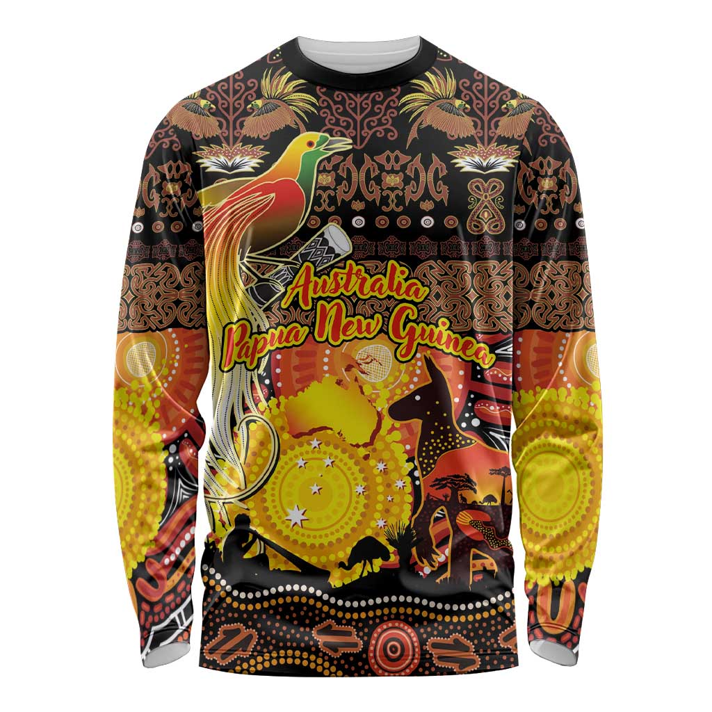 Personalized Australia and Papua New Guinea Together Long Sleeve Shirt Kangaroo Aboriginal Art and Bird-of-paradise Oro Tribal Motifs - Aussie Hoodie