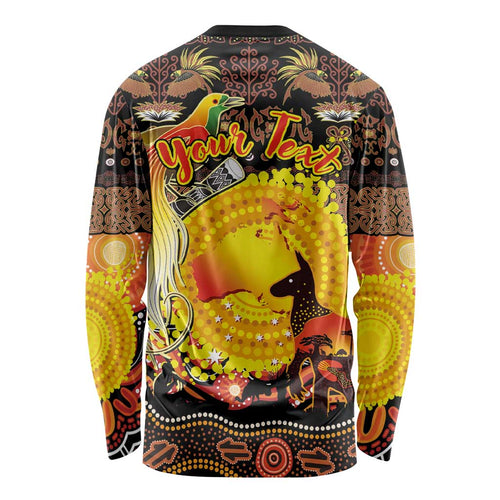 Personalized Australia and Papua New Guinea Together Long Sleeve Shirt Kangaroo Aboriginal Art and Bird-of-paradise Oro Tribal Motifs - Aussie Hoodie