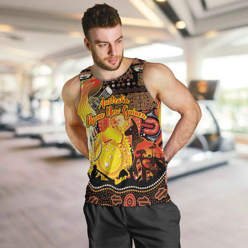 Personalized Australia and Papua New Guinea Together Men Tank Top Kangaroo Aboriginal Art and Bird-of-paradise Oro Tribal Motifs - Aussie Hoodie