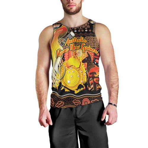 Personalized Australia and Papua New Guinea Together Men Tank Top Kangaroo Aboriginal Art and Bird-of-paradise Oro Tribal Motifs - Aussie Hoodie