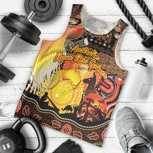 Personalized Australia and Papua New Guinea Together Men Tank Top Kangaroo Aboriginal Art and Bird-of-paradise Oro Tribal Motifs - Aussie Hoodie