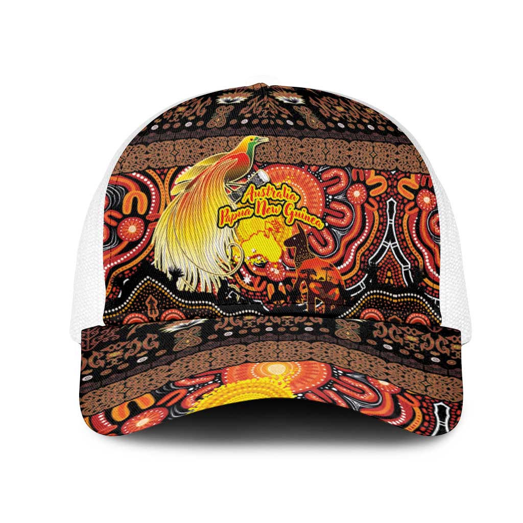 Australia and Papua New Guinea Together Mesh Trucker Cap Kangaroo Aboriginal Art and Bird-of-paradise with Oro Tribal Motifs - Aussie Hoodie