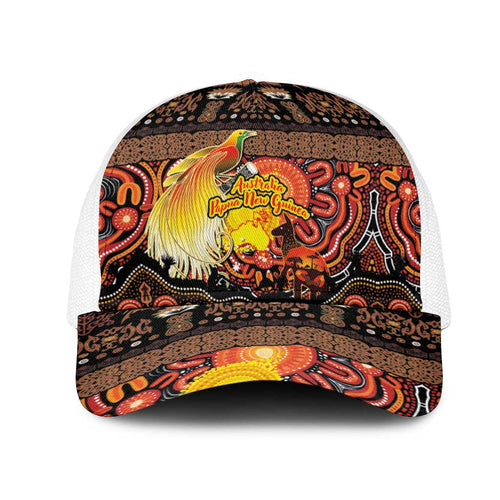 Australia and Papua New Guinea Together Mesh Trucker Cap Kangaroo Aboriginal Art and Bird-of-paradise with Oro Tribal Motifs - Aussie Hoodie