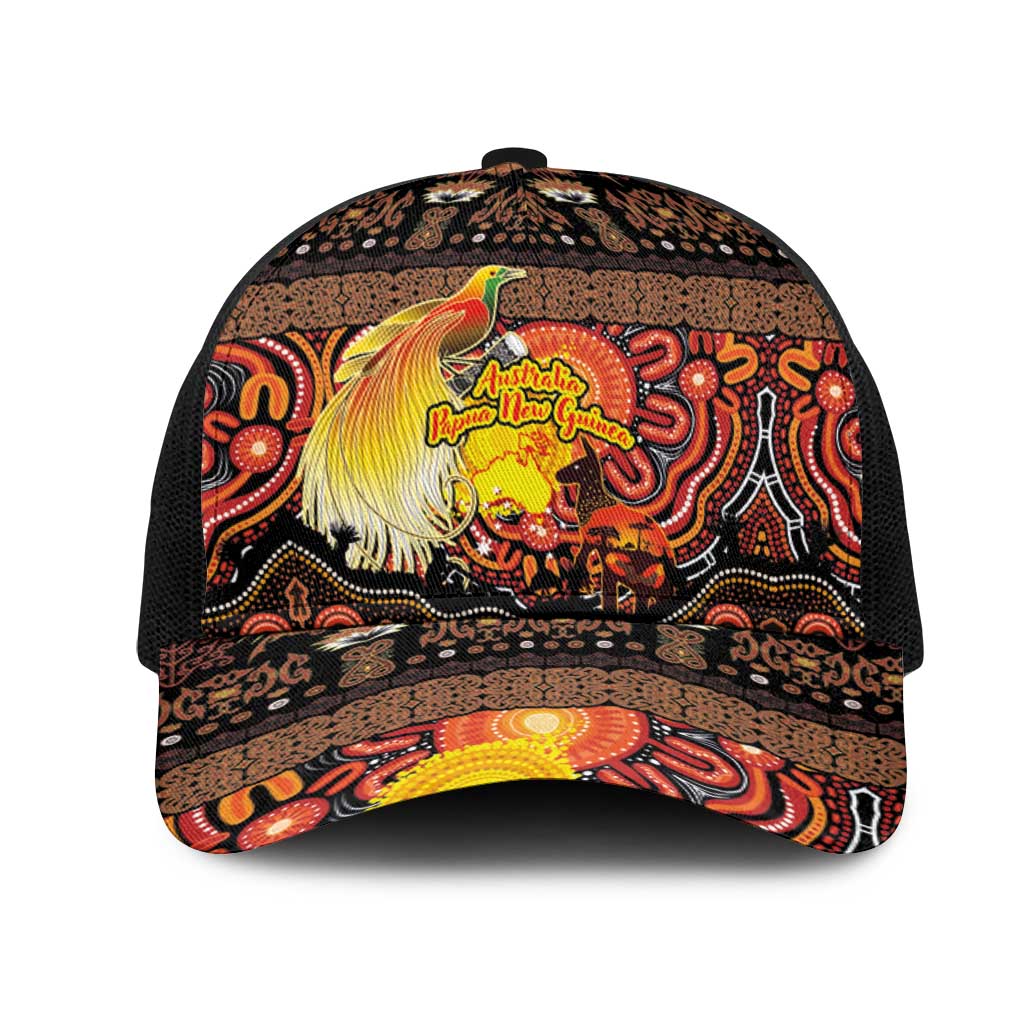 Australia and Papua New Guinea Together Mesh Trucker Cap Kangaroo Aboriginal Art and Bird-of-paradise with Oro Tribal Motifs - Aussie Hoodie