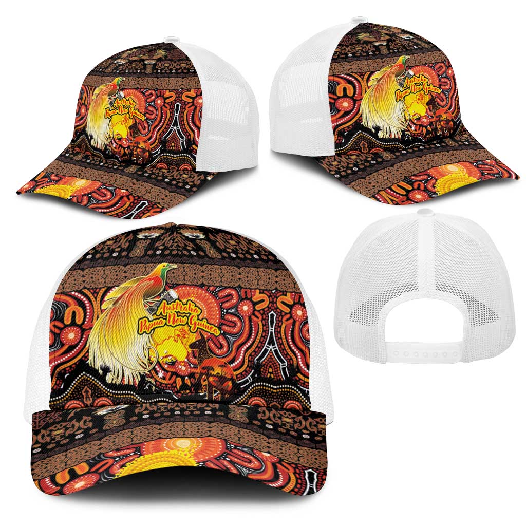 Australia and Papua New Guinea Together Mesh Trucker Cap Kangaroo Aboriginal Art and Bird-of-paradise with Oro Tribal Motifs - Aussie Hoodie
