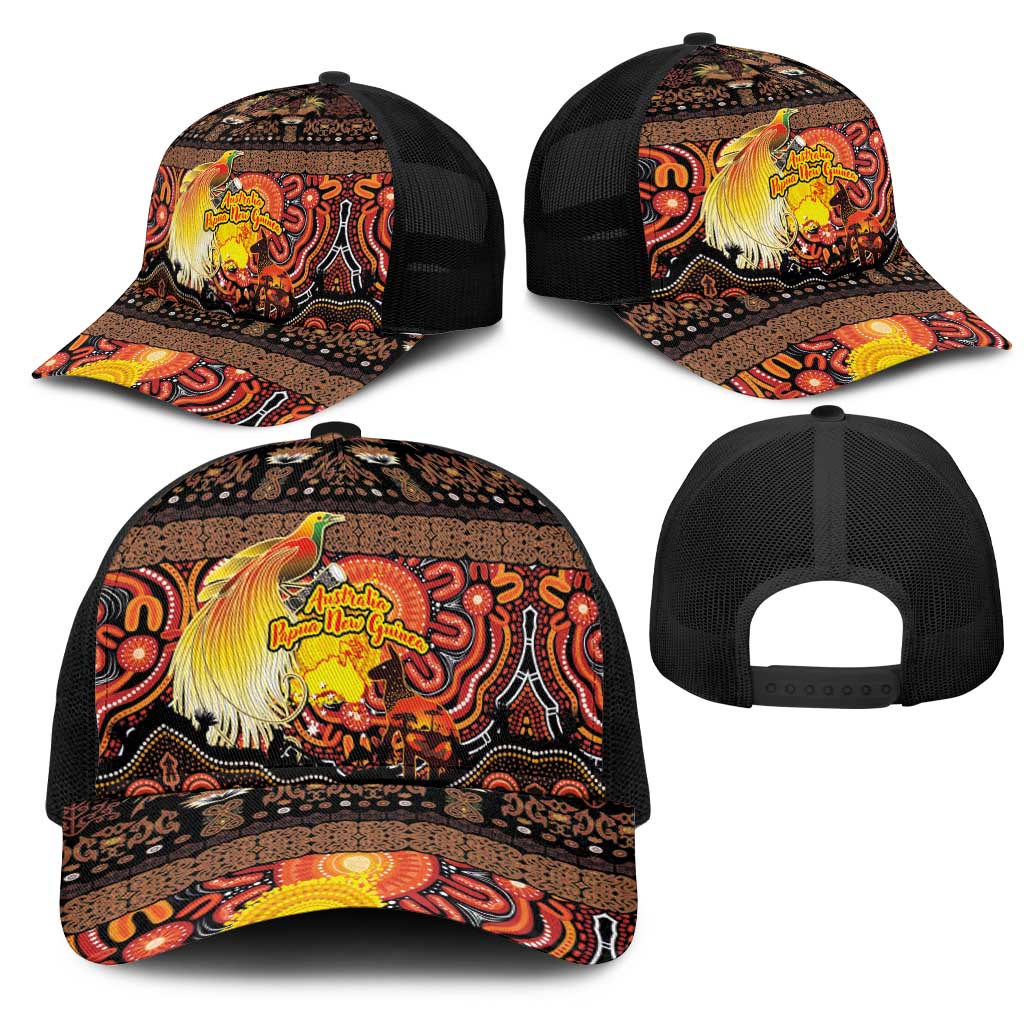 Australia and Papua New Guinea Together Mesh Trucker Cap Kangaroo Aboriginal Art and Bird-of-paradise with Oro Tribal Motifs - Aussie Hoodie