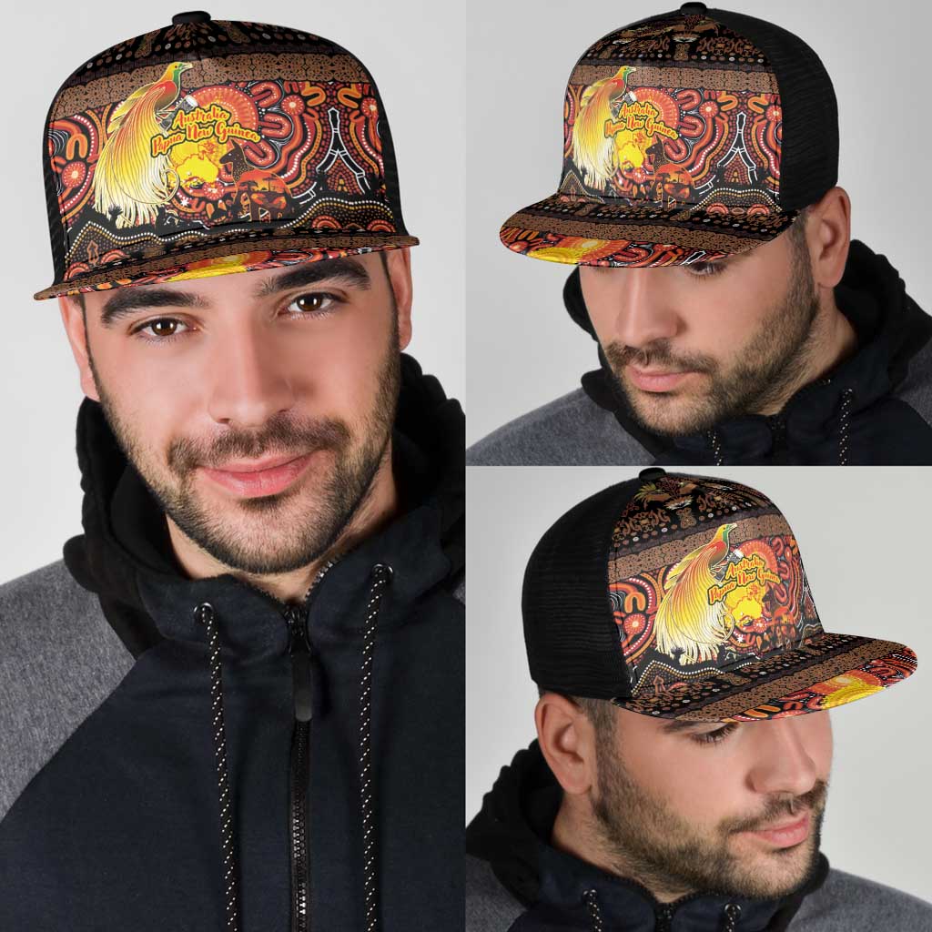 Australia and Papua New Guinea Together Mesh Trucker Cap Kangaroo Aboriginal Art and Bird-of-paradise with Oro Tribal Motifs - Aussie Hoodie