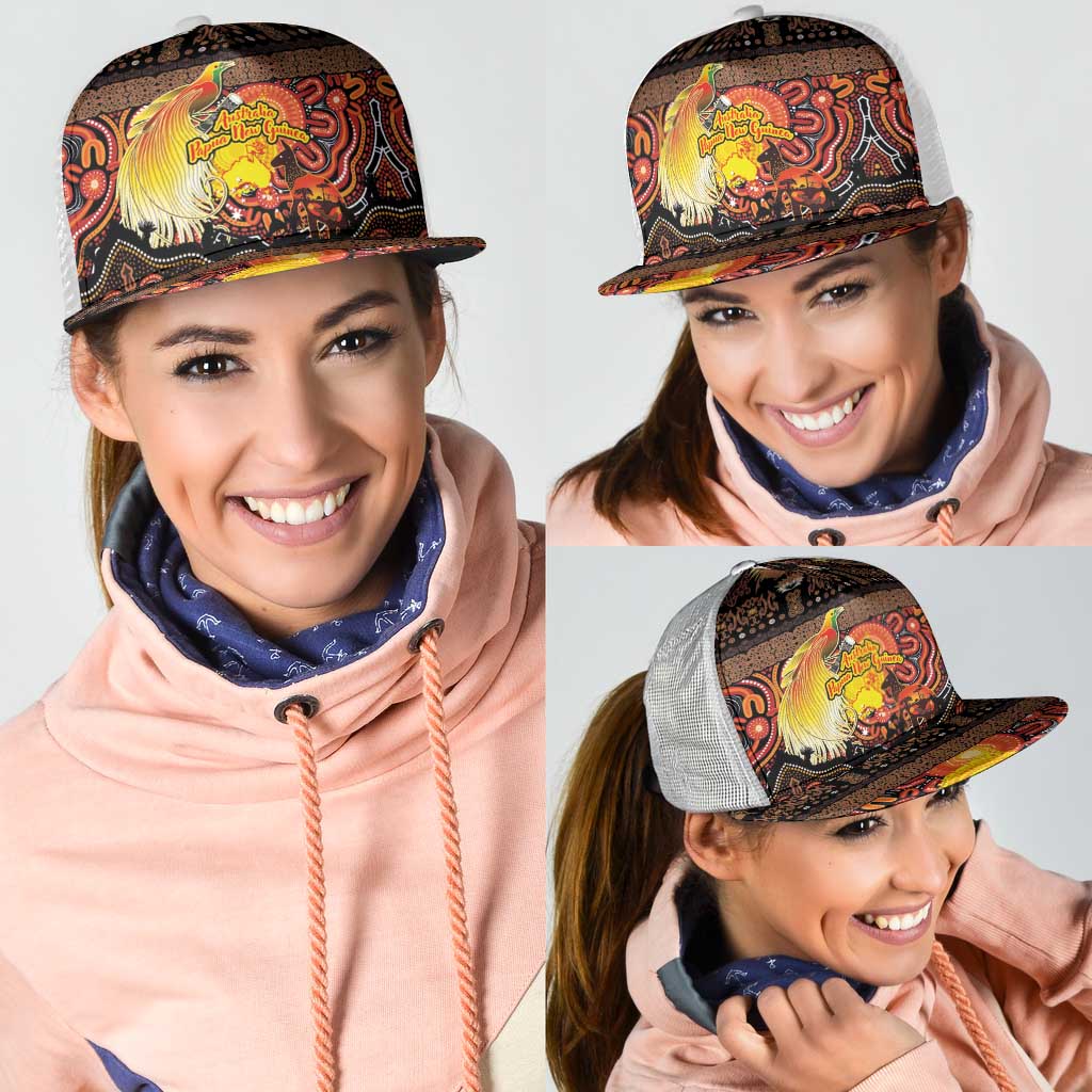 Australia and Papua New Guinea Together Mesh Trucker Cap Kangaroo Aboriginal Art and Bird-of-paradise with Oro Tribal Motifs - Aussie Hoodie