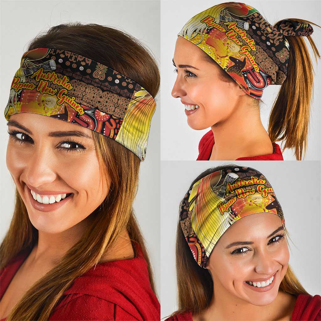 Australia and Papua New Guinea Together Neck Gaiter Kangaroo Aboriginal Art and Bird-of-paradise Oro Tribal Motifs - Aussie Hoodie
