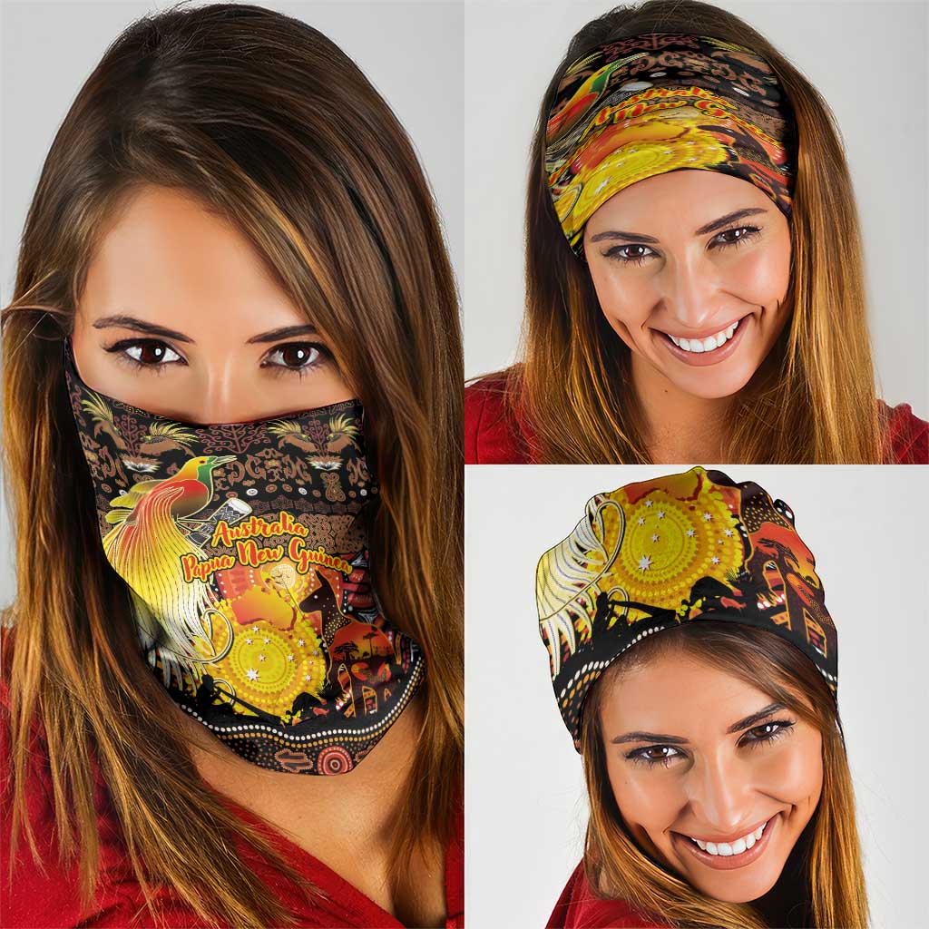 Australia and Papua New Guinea Together Neck Gaiter Kangaroo Aboriginal Art and Bird-of-paradise Oro Tribal Motifs - Aussie Hoodie