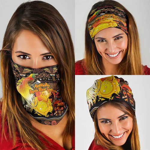 Australia and Papua New Guinea Together Neck Gaiter Kangaroo Aboriginal Art and Bird-of-paradise Oro Tribal Motifs - Aussie Hoodie