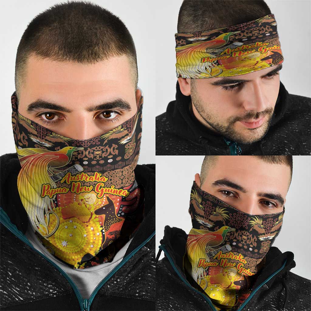 Australia and Papua New Guinea Together Neck Gaiter Kangaroo Aboriginal Art and Bird-of-paradise Oro Tribal Motifs - Aussie Hoodie