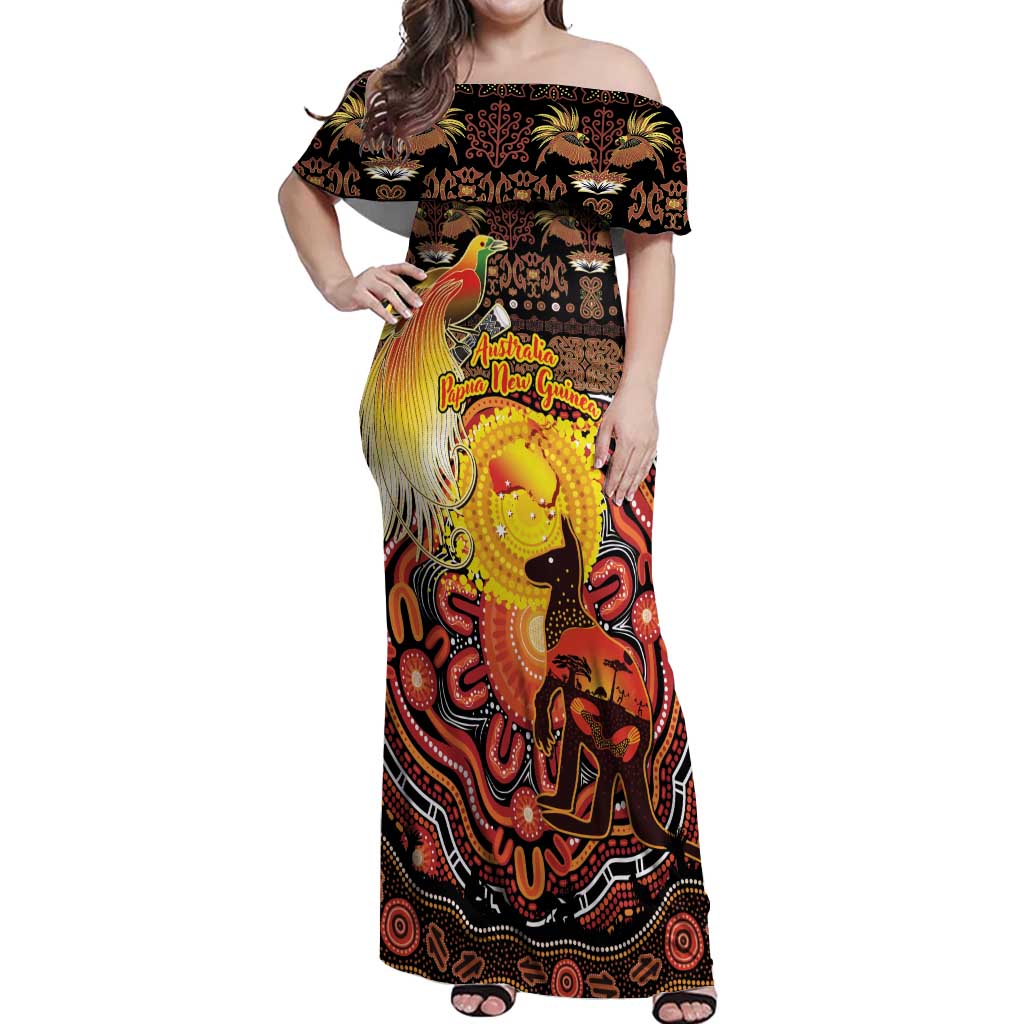 Personalized Australia and Papua New Guinea Together Off Shoulder Maxi Dress Kangaroo Aboriginal Art and Bird-of-paradise Oro Tribal Motifs - Aussie Hoodie