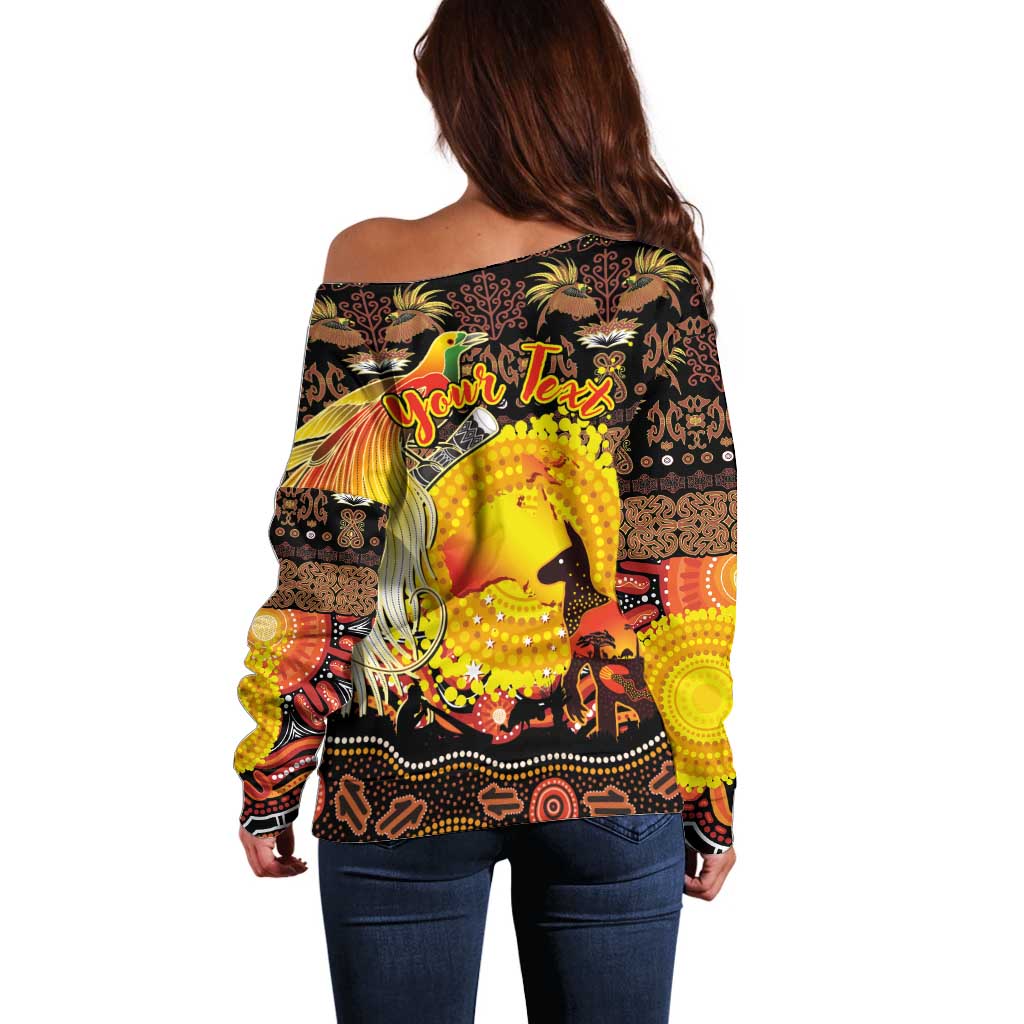 Personalized Australia and Papua New Guinea Together Off Shoulder Sweater Kangaroo Aboriginal Art and Bird-of-paradise Oro Tribal Motifs - Aussie Hoodie