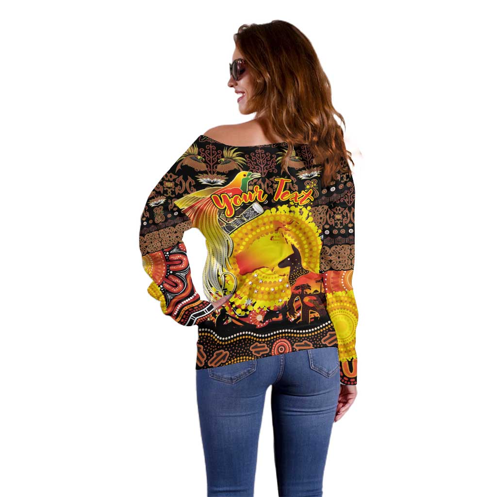 Personalized Australia and Papua New Guinea Together Off Shoulder Sweater Kangaroo Aboriginal Art and Bird-of-paradise Oro Tribal Motifs - Aussie Hoodie