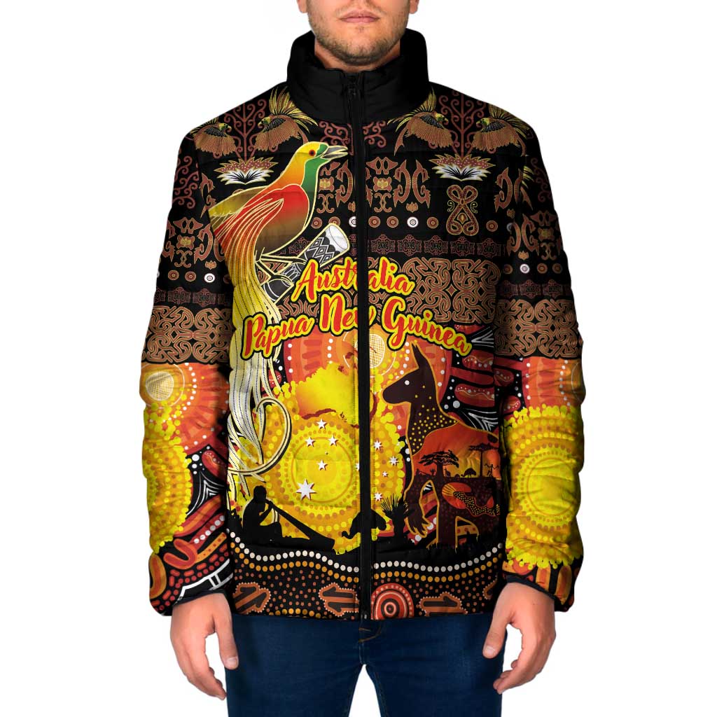 Personalized Australia and Papua New Guinea Together Padded Jacket Kangaroo Aboriginal Art and Bird-of-paradise Oro Tribal Motifs - Aussie Hoodie