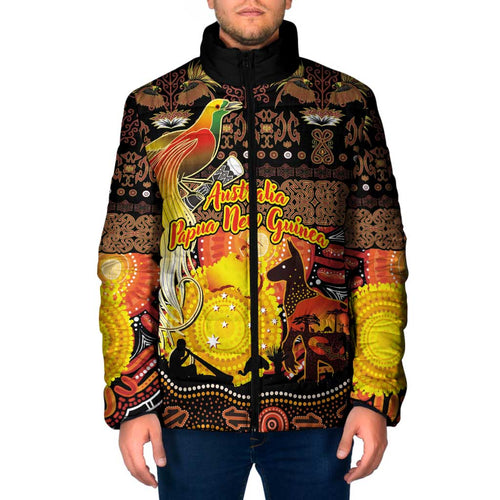 Personalized Australia and Papua New Guinea Together Padded Jacket Kangaroo Aboriginal Art and Bird-of-paradise Oro Tribal Motifs - Aussie Hoodie