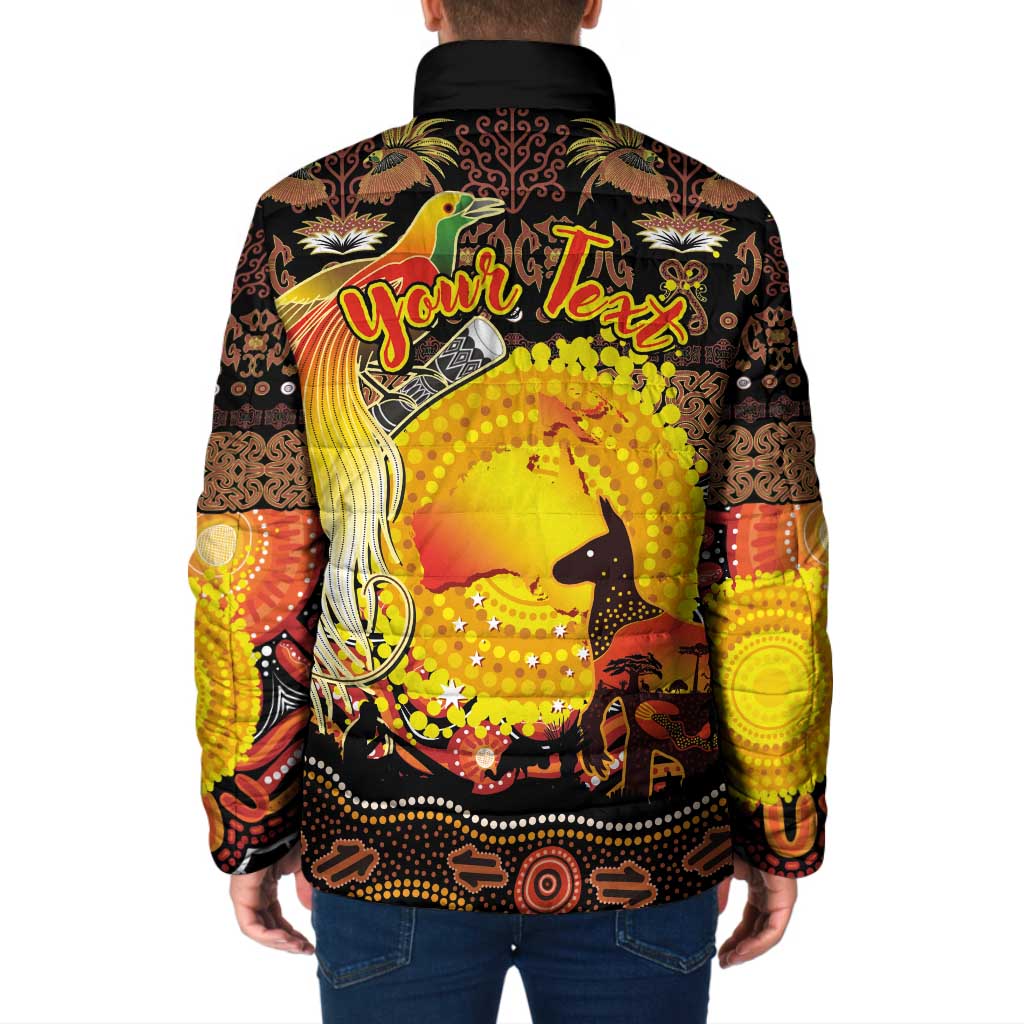 Personalized Australia and Papua New Guinea Together Padded Jacket Kangaroo Aboriginal Art and Bird-of-paradise Oro Tribal Motifs - Aussie Hoodie