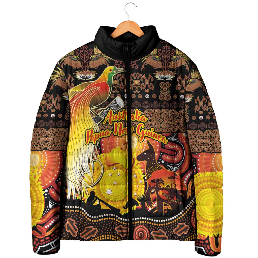 Personalized Australia and Papua New Guinea Together Padded Jacket Kangaroo Aboriginal Art and Bird-of-paradise Oro Tribal Motifs - Aussie Hoodie